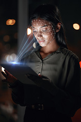 Image showing Woman, tablet and facial recognition at night in biometrics for access, verification or identification at office. Female person or employee working late on technology, scanning face or cyber security