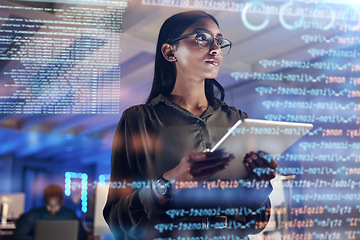 Image showing Software, coding hologram and woman on tablet thinking of data analytics, digital technology and night overlay. Programmer or IT person in glasses on 3d screen, programming and cybersecurity research