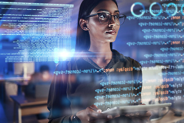 Image showing Thinking, code hologram and woman with tablet data analysis, digital technology and software overlay at night. Programmer or Indian person with 3d screen, programming stats and cybersecurity research