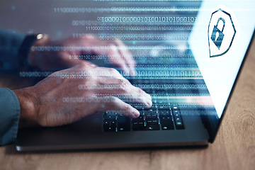 Image showing Hands, programmer on laptop and hologram for cyber security, software or binary code. IT, typing and developer with keyboard, gdpr lock and data protection for networking, cloud computing and closeup