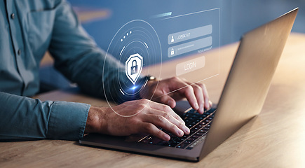 Image showing Hands, developer on laptop and hologram for login, cyber security software or code. IT, typing and programmer with keyboard, lock overlay or cryptography for data safety, information technology or ui