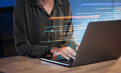 Image showing Laptop, coding hologram and business woman for software development, programming and cybersecurity in night office. Typing, research and programmer or IT person hands on computer in data html overlay