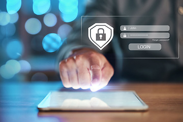 Image showing Security, login and hand on tablet for password with hologram of safety lock for network, information or data protection. Person with technology for privacy, cybersecurity or gdpr and global shield