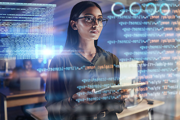 Image showing Tablet, code hologram and business woman in data analysis, digital technology or software overlay for gdpr. Programmer, person thinking and 3d screen, programming statistics or cybersecurity research