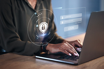 Image showing Hands, woman on laptop and hologram for login, cyber security software or code. IT, typing and programmer with keyboard, lock overlay and cryptography for data safety, protection and ui on computer.