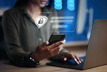 Image showing Woman, phone and security for username, password or encryption on office desk at workplace. Hands of female person with Lock Screen hud for login access, verification or identification on smartphone
