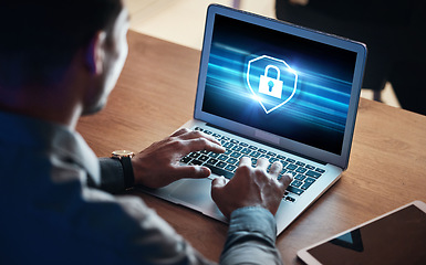 Image showing Laptop screen, data protection and man hands for cyber security, software password and coding or system safety. Cybersecurity, lock icon and business person or programmer on computer, login and gdpr