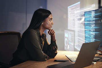 Image showing Programmer, code and woman with focus, hologram and digital software with cyber security, futuristic and online reading. Female person, programming or employee with data analysis, research and laptop