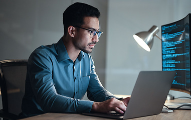 Image showing Laptop, screen and business man for coding, software development and programming script in cybersecurity. Night, computer research and programmer or IT person with html code, system or data analysis