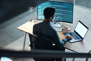 Image showing Man, programmer and coding at night on laptop mockup screen for networking, malware or software at the office. Male person, coder or developer working late in computer display in problem solving