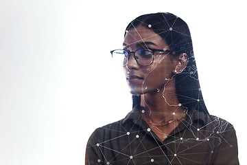 Image showing Woman, futuristic biometric hologram or facial recognition for cybersecurity, id or scan face for virtual safety. Indian, businesswoman and metrics for access control or protection on technology