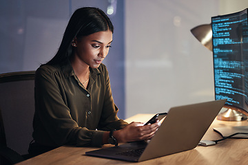 Image showing Laptop, phone and business woman on coding, software development and programming script for cybersecurity. Night, mobile research and multimedia programmer or IT person on computer with data analysis