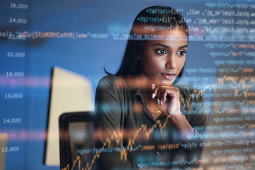 Image showing Computer, code hologram and woman thinking of data analytics, information technology or software overlay at night. Laptop, solution and IT people with algorithm, statistics and cybersecurity research