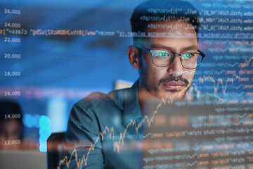 Image showing Computer, coding hologram and business man in data analysis, code html or software overlay at night. Programmer or person in glasses or screen reflection, programming stats and cybersecurity research