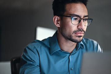 Image showing Computer, research and business man or programmer for software development, programming or cybersecurity. Reading, glasses and focus of IT person with data analysis, system upgrade and coding online