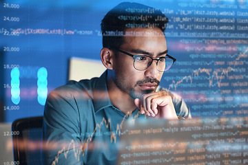 Image showing Computer, code hologram and man thinking of data analysis, night cybersecurity and software coding overlay. Programmer or person in glasses reading html script, programming or cybersecurity research