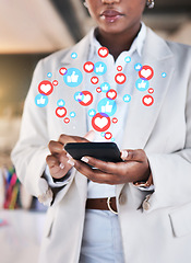 Image showing Notification, phone and business woman on social media networking as communication with overlay or graphic like. Digital, heart emoji and employee or worker texting on a mobile app, website or web