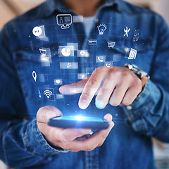 Image showing Phone in hand, hologram and overlay with futuristic icons, data safety or software developer with mobile app, technology and innovation. Ux, cyber security or digital transformation on smartphone