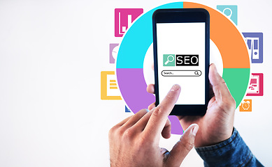 Image showing Seo, search bar and internet with phone screen and hands of person for website, social media and technology. Mockup, digital and app closeup of mobile user on white background for online and network