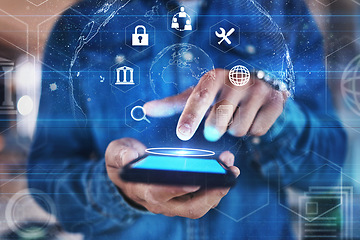 Image showing Phone in hand, lock and cybersecurity overlay to show futuristic hologram, data safety or software developer with mobile app, technology and innovation. Ux, cyber security and future of fintech