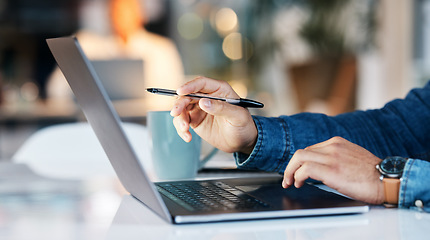 Image showing Laptop, schedule and hands of a planner writing on a website, project or planning a strategy for a company. Search, internet and personal assistant typing or working a report, email and in an office