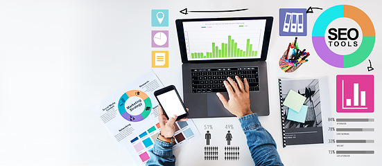 Image showing Laptop, seo infographic and person working with statistics and data analysis on mobile app for planning business or startup. Smartphone, businessman and overlay of market research or information