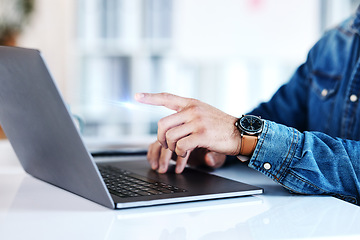 Image showing Laptop, schedule and hands of a planner working on a website, project or planning a strategy for a company. Search, internet and personal assistant typing or writing a report, email and in an office