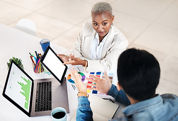 Image showing Tablet, collaboration and business people communication, discussion and working on trend research, feedback or data. Mockup screen, partnership or creative media team cooperation on insight analytics