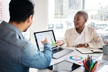 Image showing Laptop statistics, diversity partnership and people review media analytics, feedback data or research project insight. Teamwork, media analyst and business team working on customer experience info