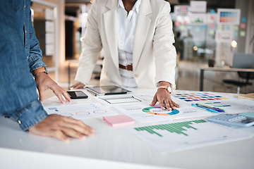 Image showing Hand, business people and financial meeting in office on data, chart and statistics for budget review. Finance, analysis and advisor team with savings, graph or brainstorming problem solving solution