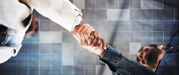 Image showing Business people, handshake and meeting in partnership, trust or teamwork for unity below at office. Low angle of employees shaking hands for introduction or greeting in agreement or deal at workplace