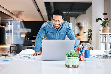 Image showing Laptop, happy and asian business man in office positive results, report or feedback, reading or email. Smile, good news and male designer online for creative, inspiration or idea in coworking space