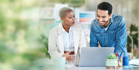 Image showing Business people, teamwork and discussion on laptop in office for planning project, information or collaboration in workspace. Man, woman and diversity of employees at computer for feedback in agency