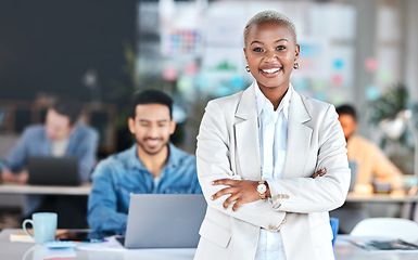 Image showing Portrait, accountant and black woman with arms crossed in office, business workplace or coworking company. Face, confidence or happy professional, African entrepreneur and auditor, employee or worker