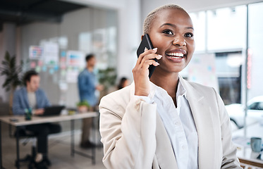Image showing Excited, phone call and black woman in office for communication, conversation or chat. Smartphone, happy and business professional listening, talking or discussion with contact in coworking workplace