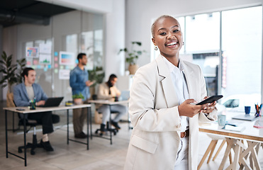 Image showing Phone, accountant and portrait of black woman, happy and smile in company, business workplace or coworking. Smartphone, face of auditor and excited African professional, entrepreneur or employee.