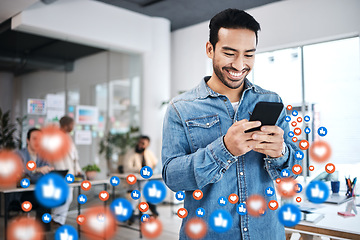 Image showing Notification, phone and businessman on social media networking as communication with overlay or graphic like. Happy, heart emoji and employee or worker texting on a mobile app, website or web