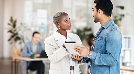 Image showing Office tablet, teamwork discussion and people review media application layout, creative design or research info. Collaboration, designer communication and professional team working on app development