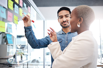 Image showing Creative people, writing and meeting on glass board for schedule planning, strategy or brainstorming at office. Man and woman in teamwork for startup project plan, sticky note or tasks at workplace