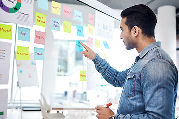 Image showing Creative man, sticky note and pointing on glass board for schedule tasks, planning or brainstorming at office. Male person or employee with plan, agenda or marketing strategy for startup at workplace