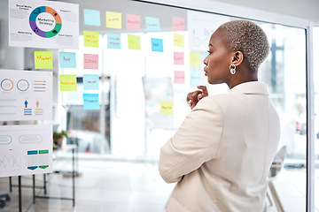 Image showing Black woman, thinking and glass board for project management, marketing or planning at office. African female person, manager or employee checking project plan, tasks or statistics at the workplace