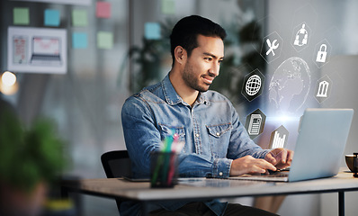 Image showing Businessman, laptop and cybersecurity overlay with futuristic hologram, data safety or software developer in office with innovation of technology. Ux, hacker of cyber security and future of fintech