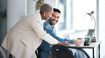 Image showing Business people, team and laughing on laptop in office for planning happy project, information and collaboration. Man, woman and diversity of employees smile for funny joke on computer tech in agency