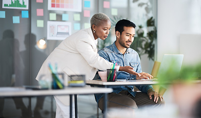 Image showing Office laptop, diversity and business people reading online report, website design feedback or research project. Collaboration, staff mentor and team designer working on company homepage development