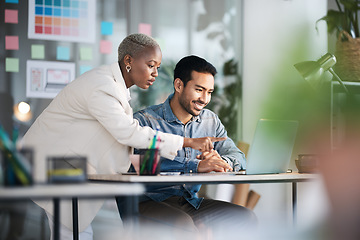 Image showing Office laptop, diversity teamwork and happy people review media application layout, creative design or research project. Collaboration, designer or professional team working on app development report