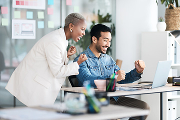 Image showing Excited, laptop and happy business people celebrate news, website design achievement or company winning success. Diversity, winner or staff announcement, notification or celebration for feedback info