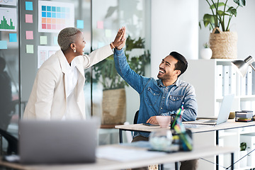 Image showing High five, happiness and business people celebrate teamwork, website design achievement or company success. Office team building, happy winner and excited staff celebration for creative development