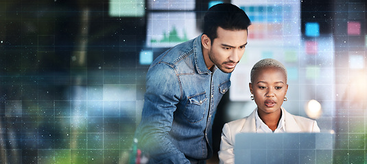 Image showing Laptop, teamwork and night people reading, problem solving and working overtime on research report deadline. Dark office collaboration, mockup space or professional team work late on project analysis