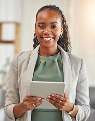 Image showing Black woman, portrait and tablet in office for planning research, data analysis and business information on internet. Happy female worker with digital technology for online connection, website or app