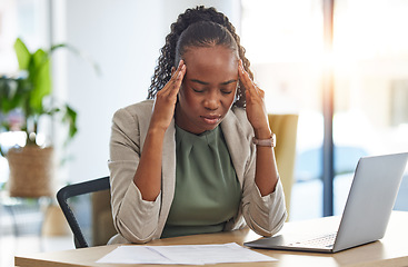 Image showing Sick, headache and black woman with problem in office, pain or stress from migraine. Frustrated, fatigue and African professional with business crisis, fail emoji and debt, bankruptcy and mistake.